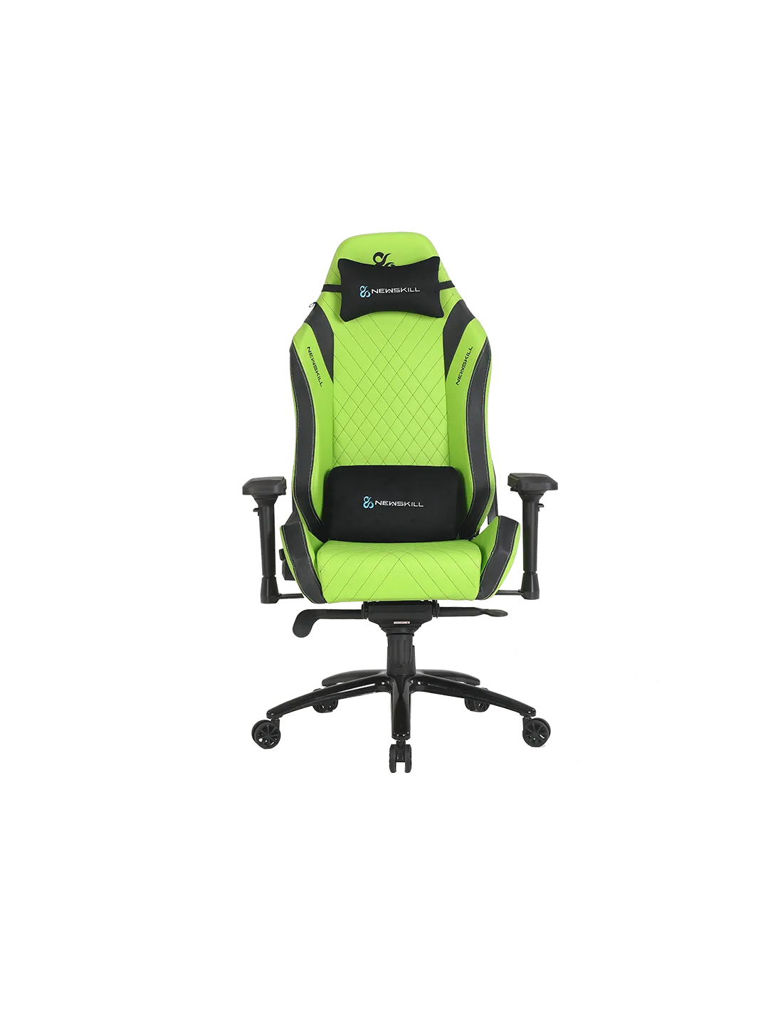 Una silla de gaming verde y negra sobre fondo negro. Tiene un cojín para el cuello y reposabrazos.