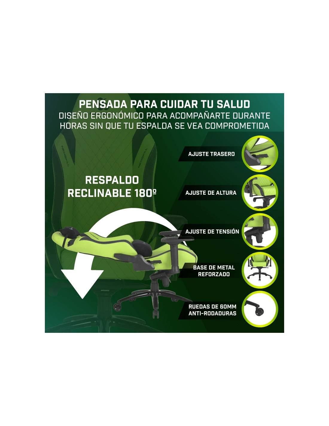 Diagrama de una silla gaming verde con detalles.