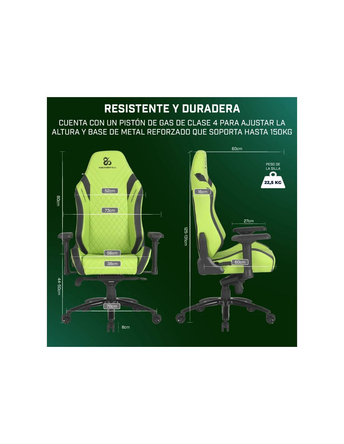 Silla gaming, verde y negro, con dimensiones y especificaciones, texto en español.