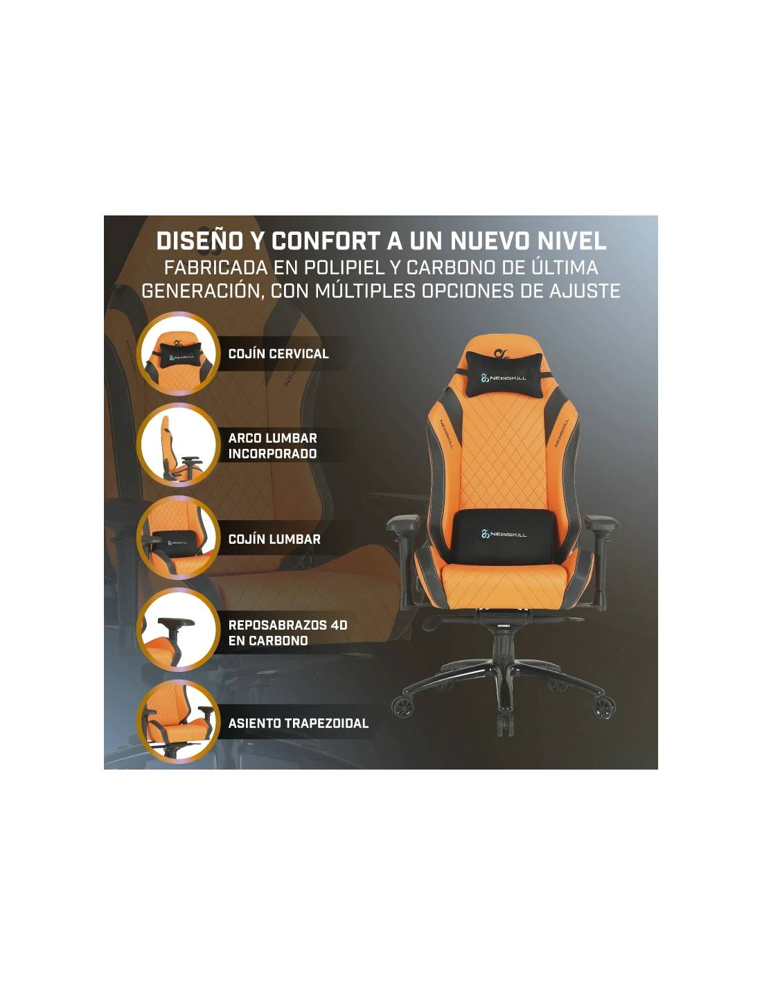 Silla gaming naranja y negra con soporte lumbar y reposacabezas. Las etiquetas de texto detallan las características.