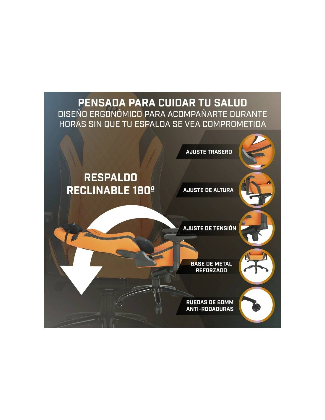 Silla gaming ergonómica con respaldo y altura ajustables. Colores naranja y negro. Base de metal.