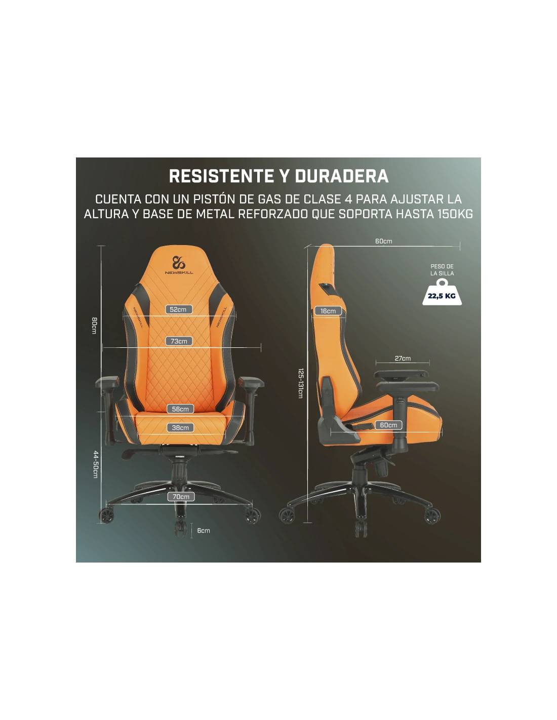 Una silla gamer naranja con detalles negros. Las dimensiones se muestran en el lateral.