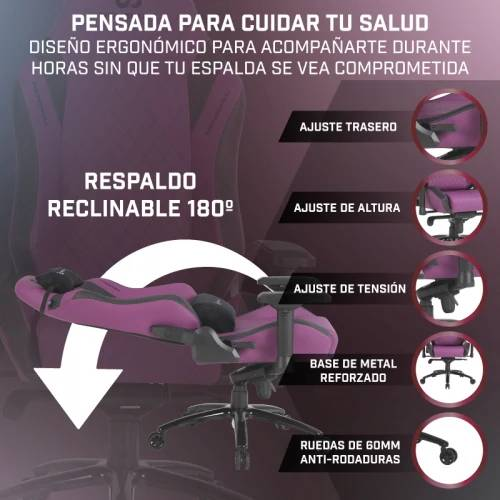Silla gaming ergonómica rosa con múltiples opciones de ajuste. Texto y diagramas.