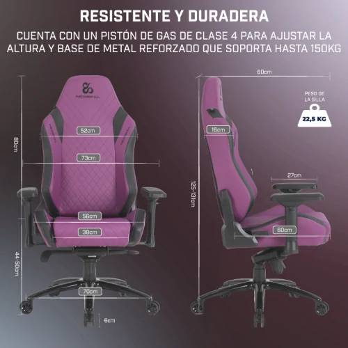 Silla gamer morada con dimensiones en cm. Texto: 'Resistente y duradera'.