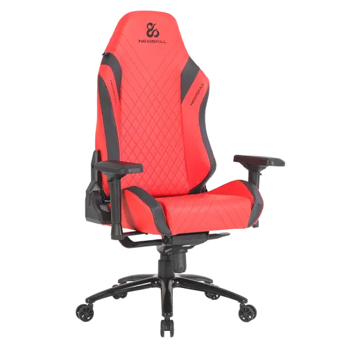 Silla gaming roja y negra. Tiene respaldo alto, reposabrazos y base de cinco ruedas.