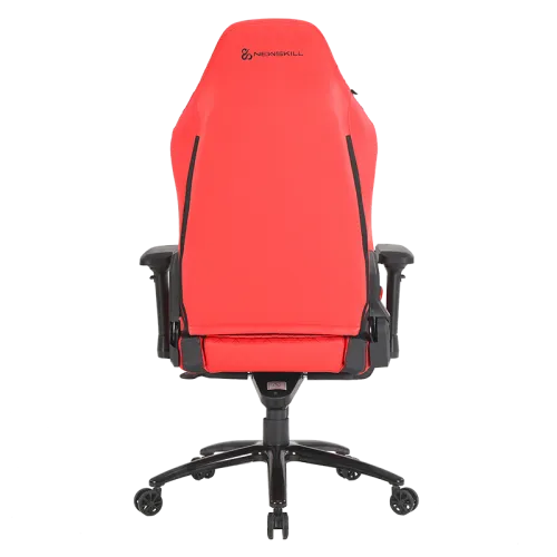 Vista trasera de una silla gaming roja y negra con la marca 'Newskill'.