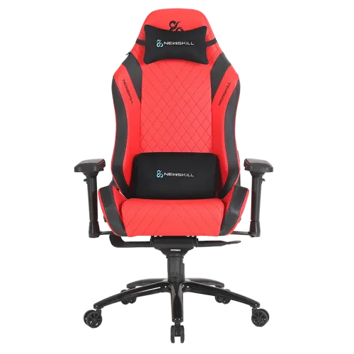 Silla gaming roja y negra con logo Newskill. Vista frontal.