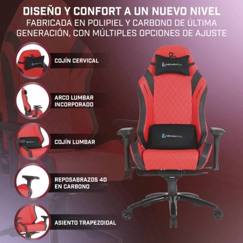 Una silla de juego roja y negra con etiquetas de texto que indican las características de ajuste.