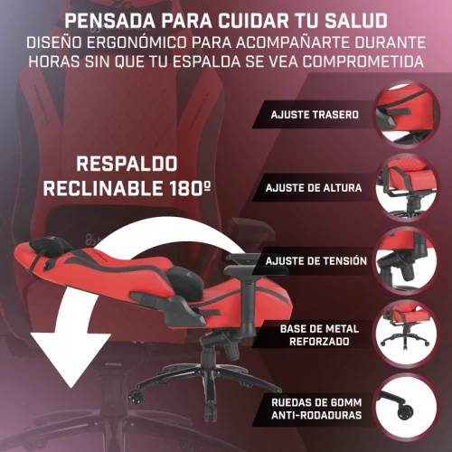 Silla gaming ergonómica, roja y negra, con detalles de ajuste.