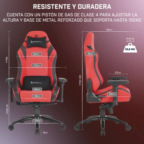 Silla gaming roja y negra. Vistas lateral y frontal. Dimensiones en cm. Base negra.