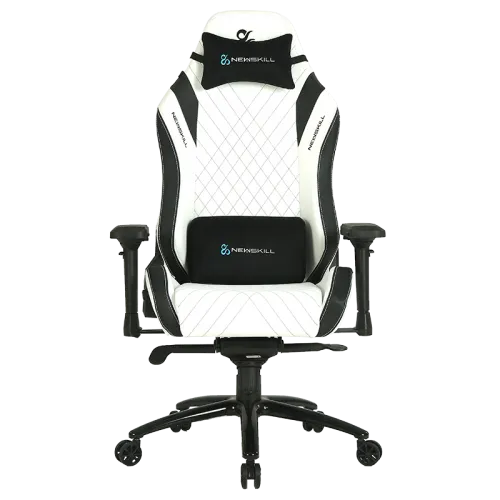 Silla gaming blanca con detalles negros y logotipo Newskill en reposacabezas y soporte lumbar.