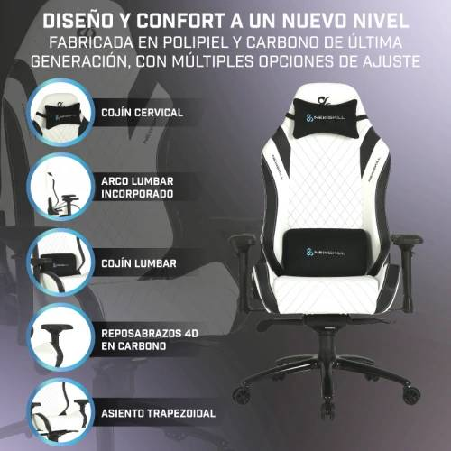 Silla gaming blanca y negra con diagramas que indican características como soporte lumbar, reposacabezas.