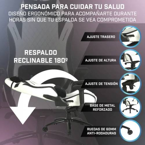 Silla gamer blanca y negra con texto y diagramas que muestran funciones de ajuste.
