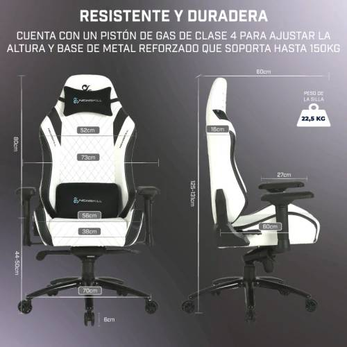 Silla gamer con dimensiones y características mostradas.