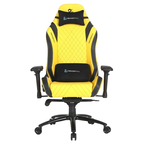 Silla gaming amarilla y negra con el logo de Newskill. Reposabrazos y reposacabezas negros.