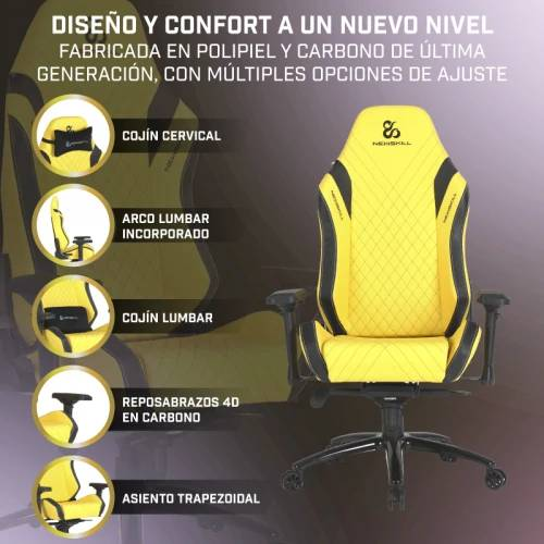 Una silla gamer amarilla y negra con funciones ajustables.