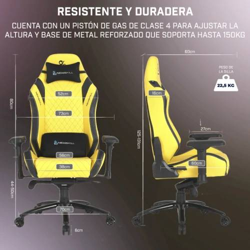 Silla gaming amarilla y negra. Dimensiones proporcionadas. Texto: Resistente y duradera.