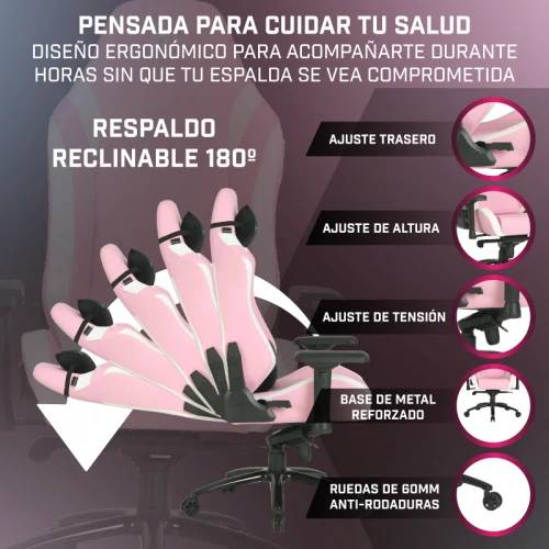 Silla gaming - Newskill Neith, Cojín Lumbar y Cervical, 150 kg, Reposabrazos Acolchados 4D, Piel sintética, Rosa y Negro