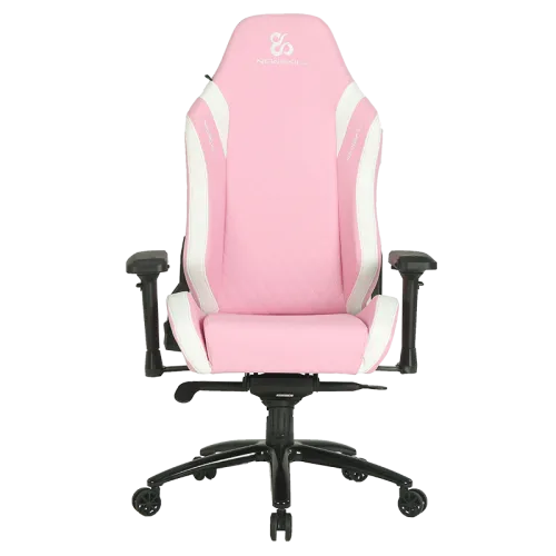 Silla gaming rosa y blanca. Base negra, reposabrazos. Asiento y respaldo rosas con detalles blancos.