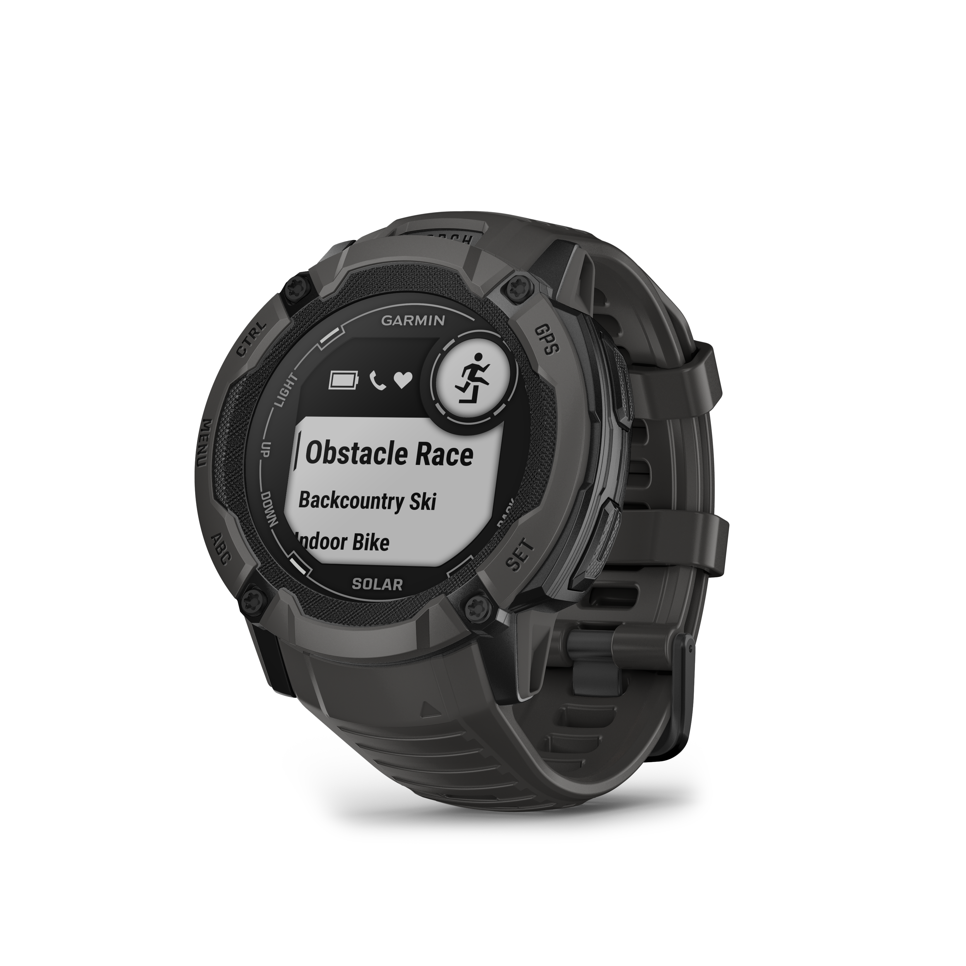 Garmin Smartwatch mit Kartenanzeige, Hindernisrennen, auf schwarzem Hintergrund.