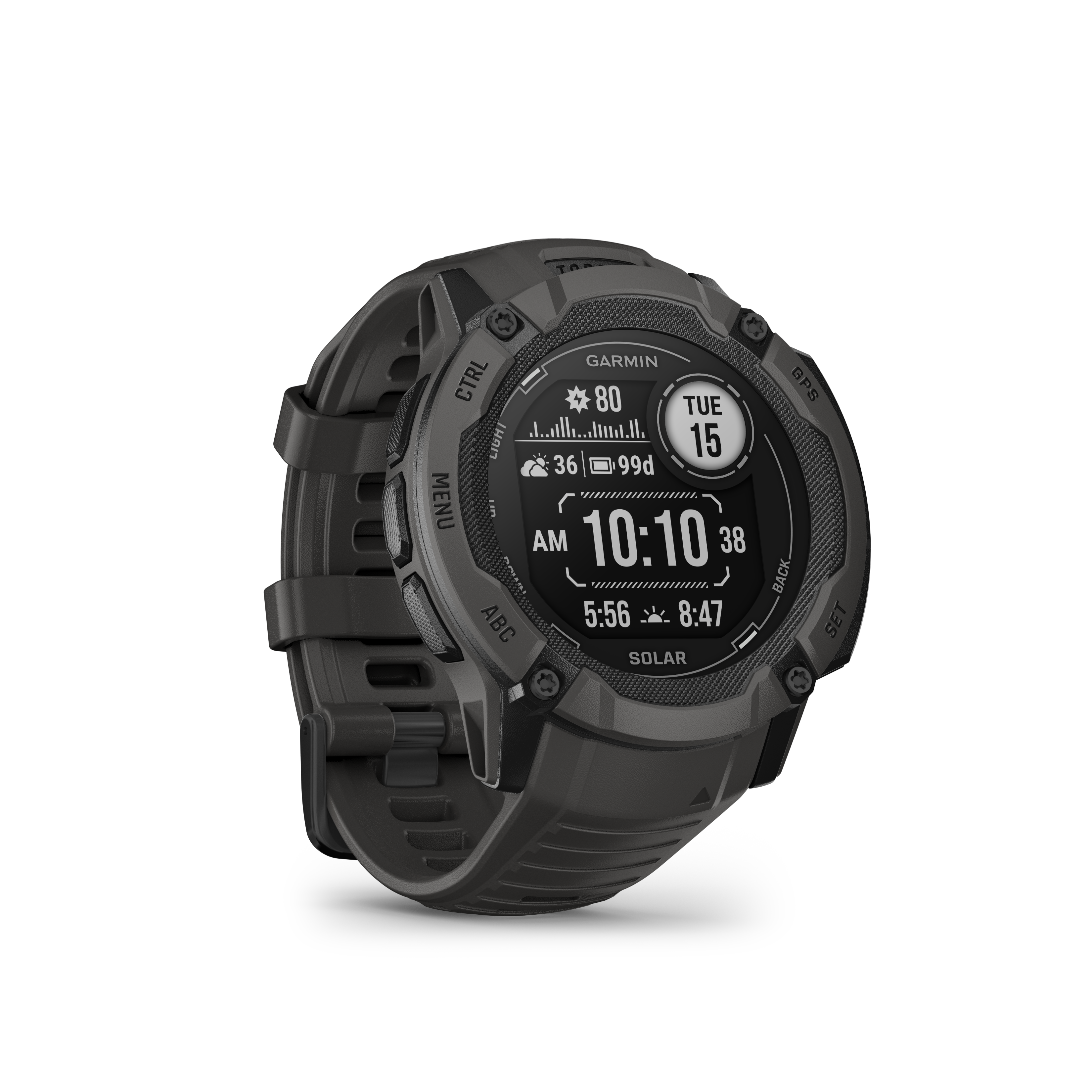 Schwarze Garmin-Uhr mit digitalem Display, das Zeit und andere Metriken anzeigt.
