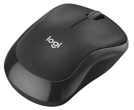 Egy fekete Logitech vezeték nélküli egér görgetőkerékkel és gombokkal.