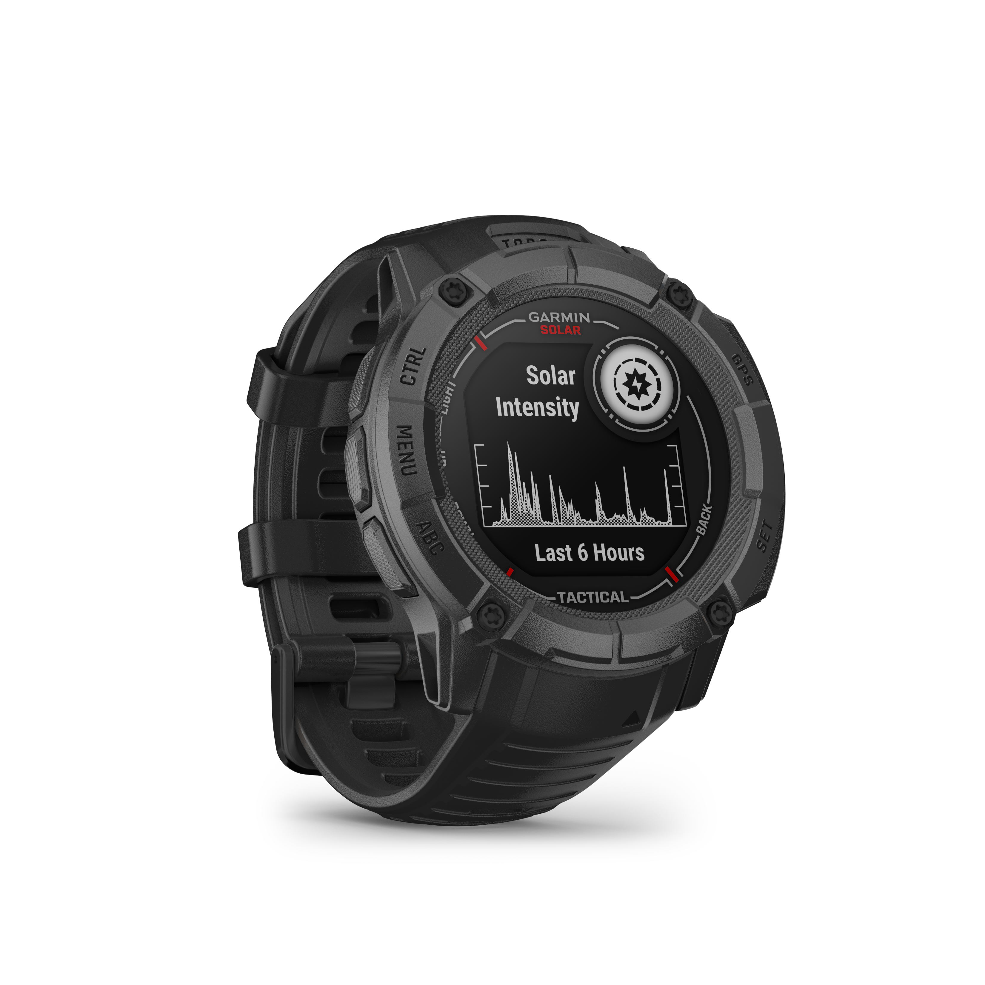 Schwarze Garmin-Uhr mit rundem Display, das die Sonnenintensität und die Uhrzeit anzeigt. Die Uhr hat ein schwarzes Armband.