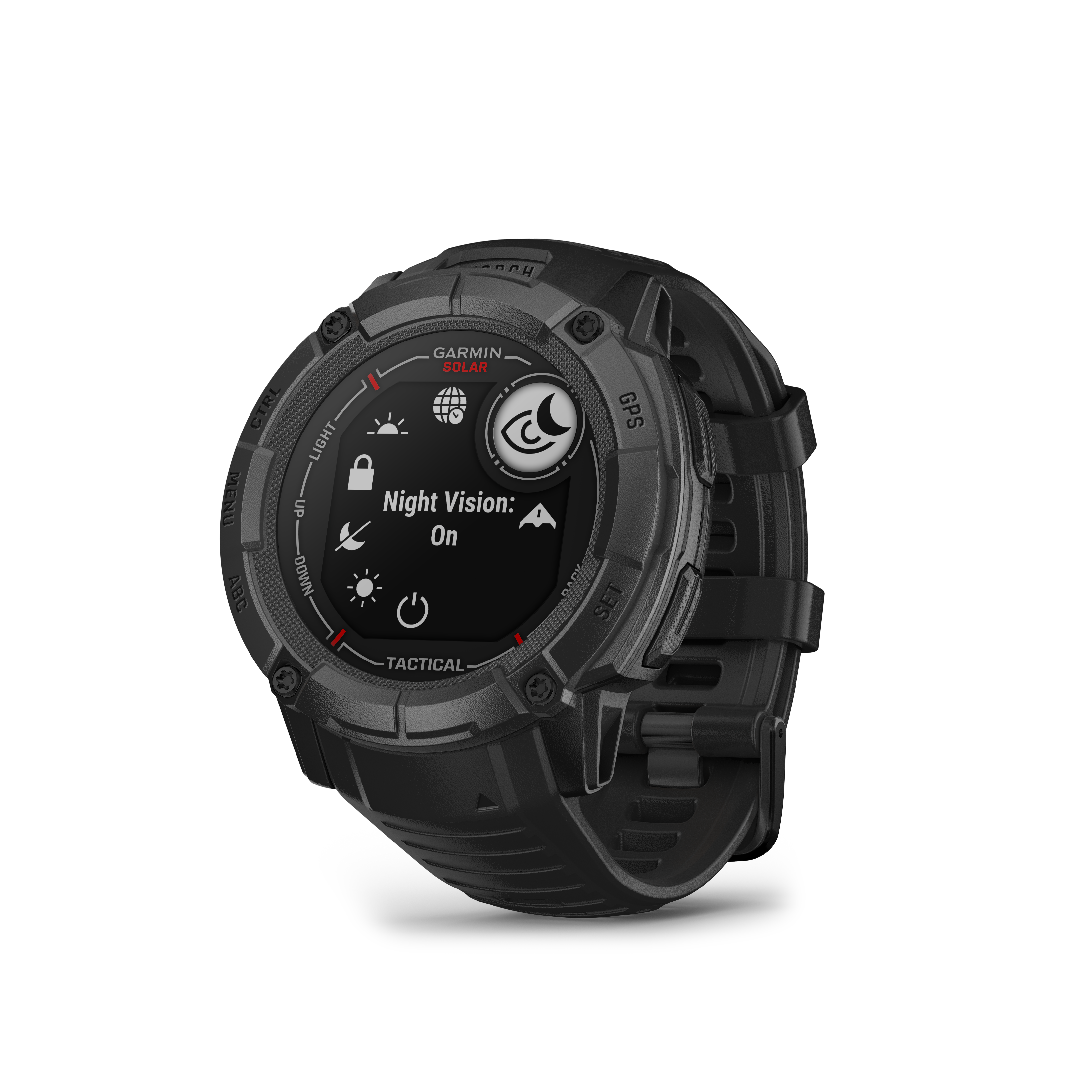 Eine schwarze Garmin-Uhr zeigt 'Nachtsicht: Ein'. Die Uhr ist schwarz mit einem schwarzen Armband, vor schwarzem Hintergrund.