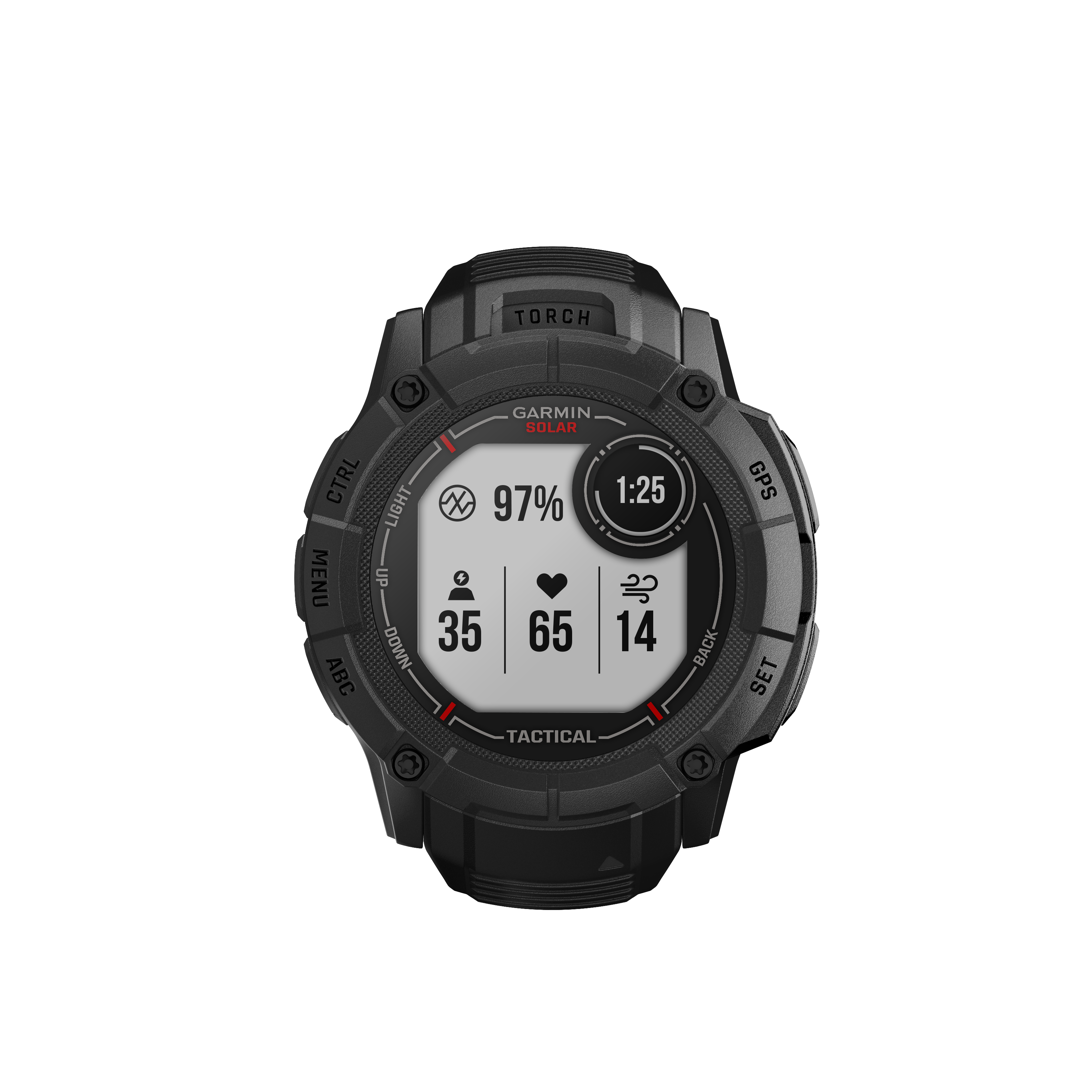 Schwarze Garmin-Uhr mit Anzeige von Uhrzeit, Herzfrequenz und anderen Statistiken.