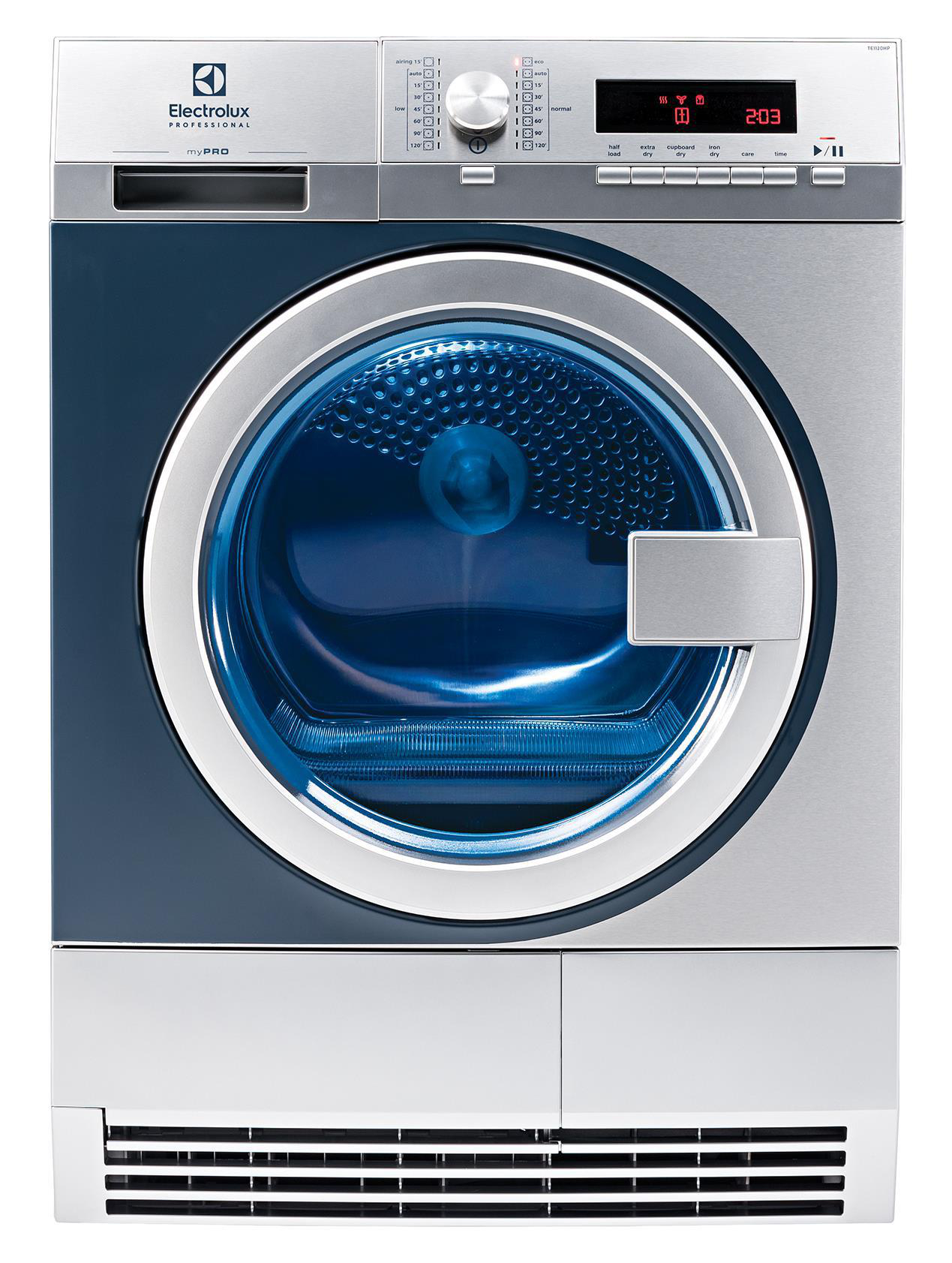 Ein Electrolux myPRO Trockner. Er ist Edelstahl und blau. Display und Tür sichtbar.