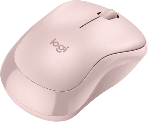 Rózsaszín Logitech vezeték nélküli egér, szögben, a tetejét és az oldalát is mutatva. Görgő látható.