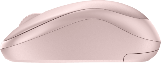Egy rózsaszín számítógépes egér oldalnézete görgővel. Az egér letisztult és ergonomikus.