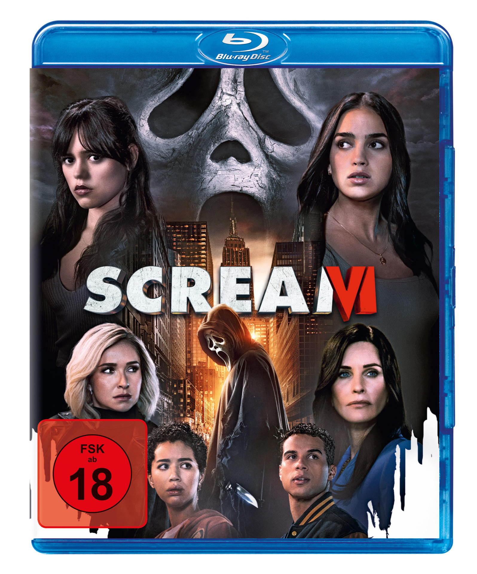 Blu-ray-Filmcover mit Schauspielern. Scream VI-Titel und Bewertungsetikett sichtbar.