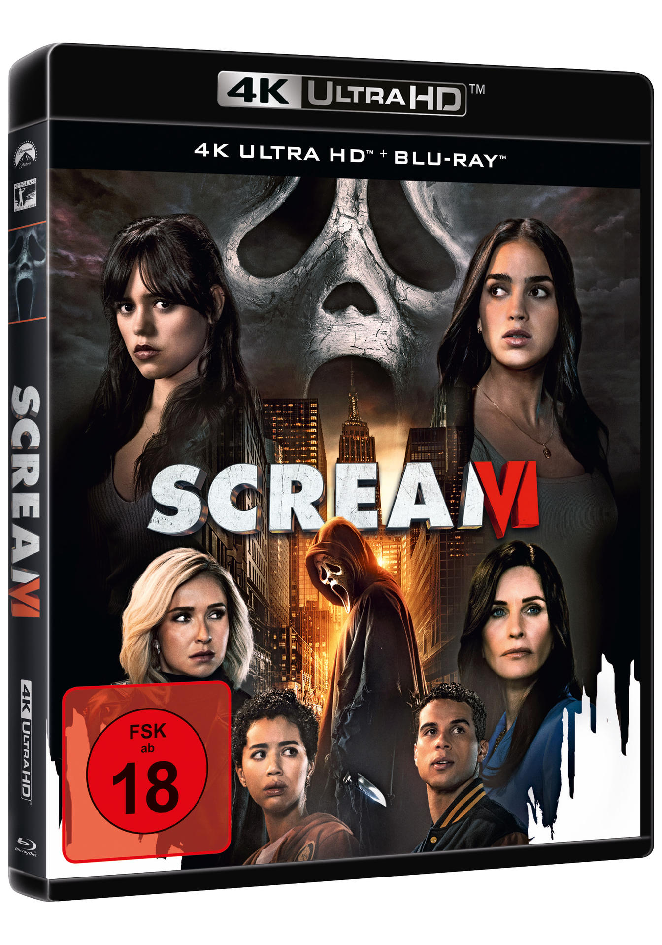Scream VI Filmcover mit mehreren Charakteren und der Altersfreigabe 18+ auf der Box.