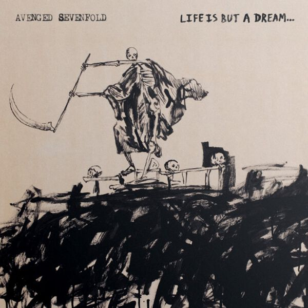 Illusztráció, kaszát tartó csontváz figurával, 'Life is but a dream' felirattal. Koponyák és sötét ecsetvonások.