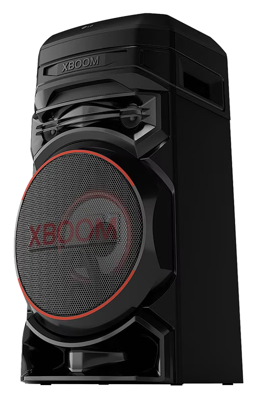 Egy fekete LG XBOOM hangszóró, középen egy piros hangszóróval.