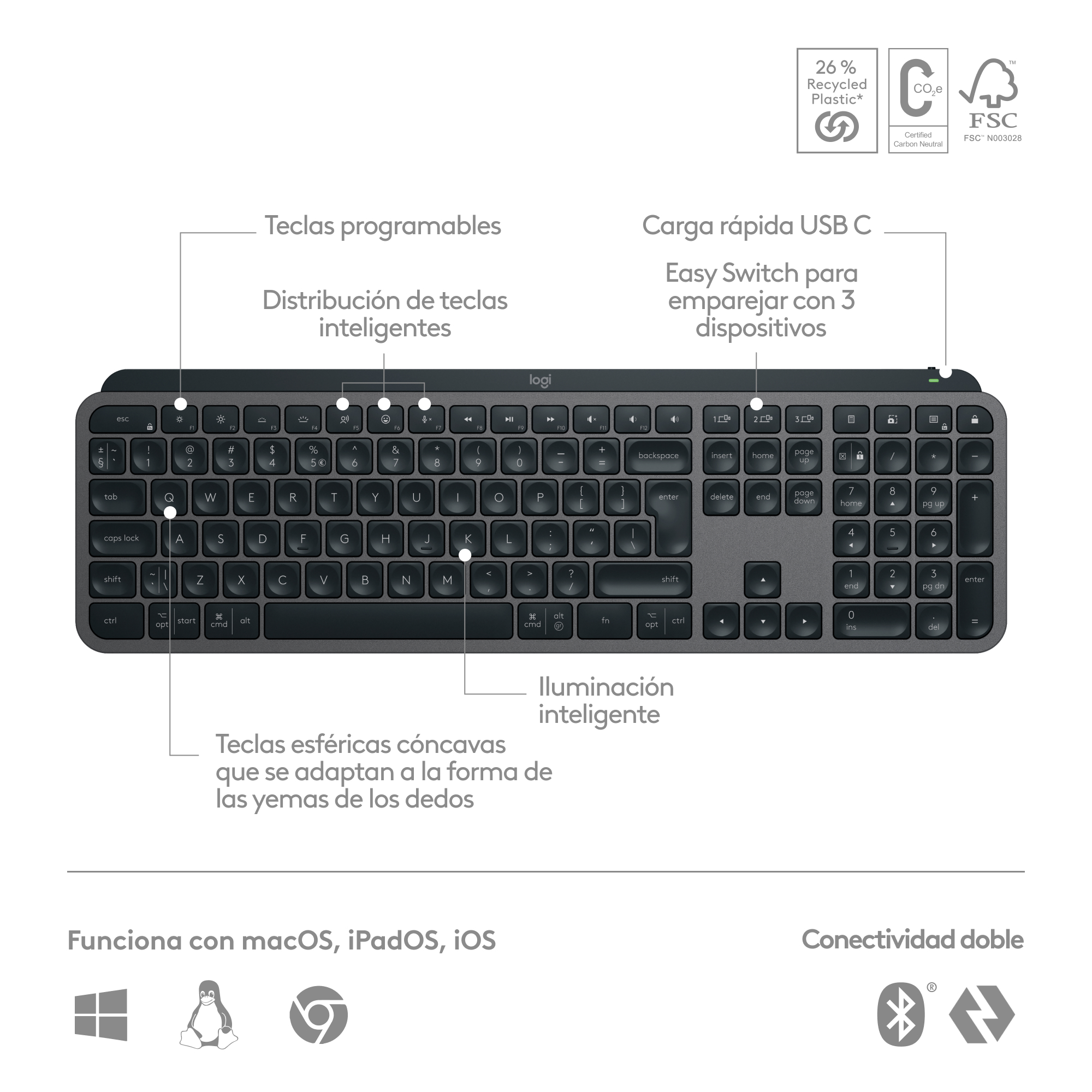 Vista superior de un teclado Logitech gris con varias teclas y símbolos etiquetados.