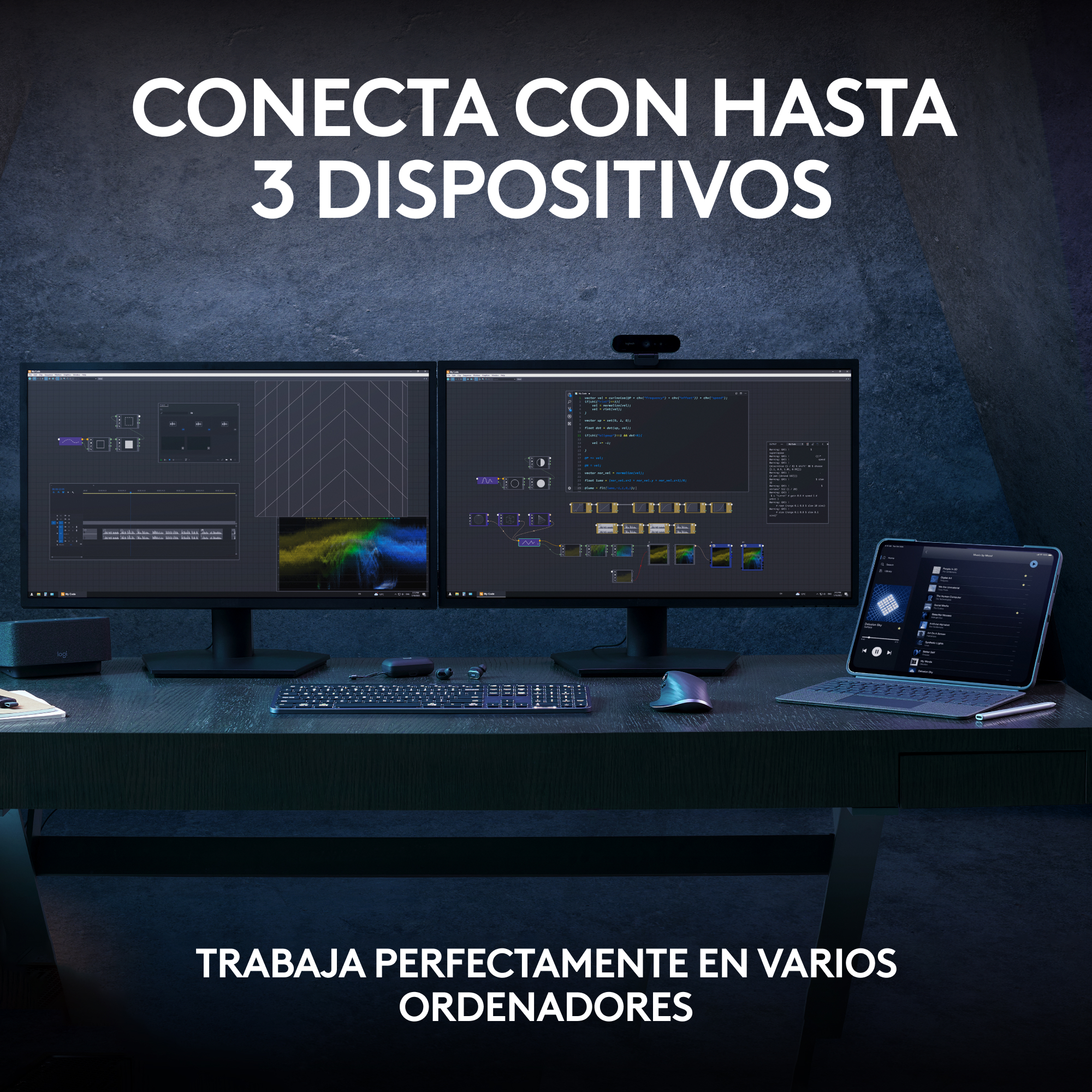 Dos monitores, teclado, ratón y tableta en un escritorio. Texto: Conéctate a 3 dispositivos y trabaja perfectamente.