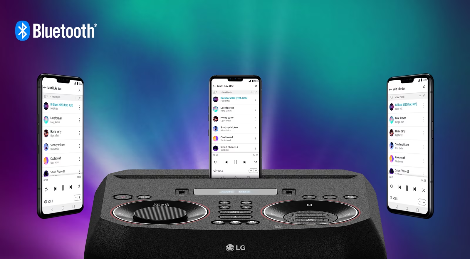 Három okostelefon egy hangszóró mellett, zenelistákat és a Bluetooth logót mutatva.