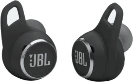 Czarne bezprzewodowe słuchawki JBL. Z logo JBL z boku każdej słuchawki.