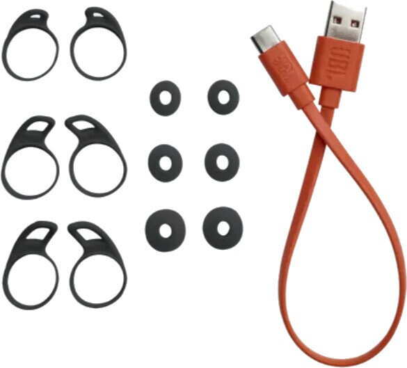 Końcówki do słuchawek i kabel z złączami USB-C i USB-A, kolor pomarańczowy.