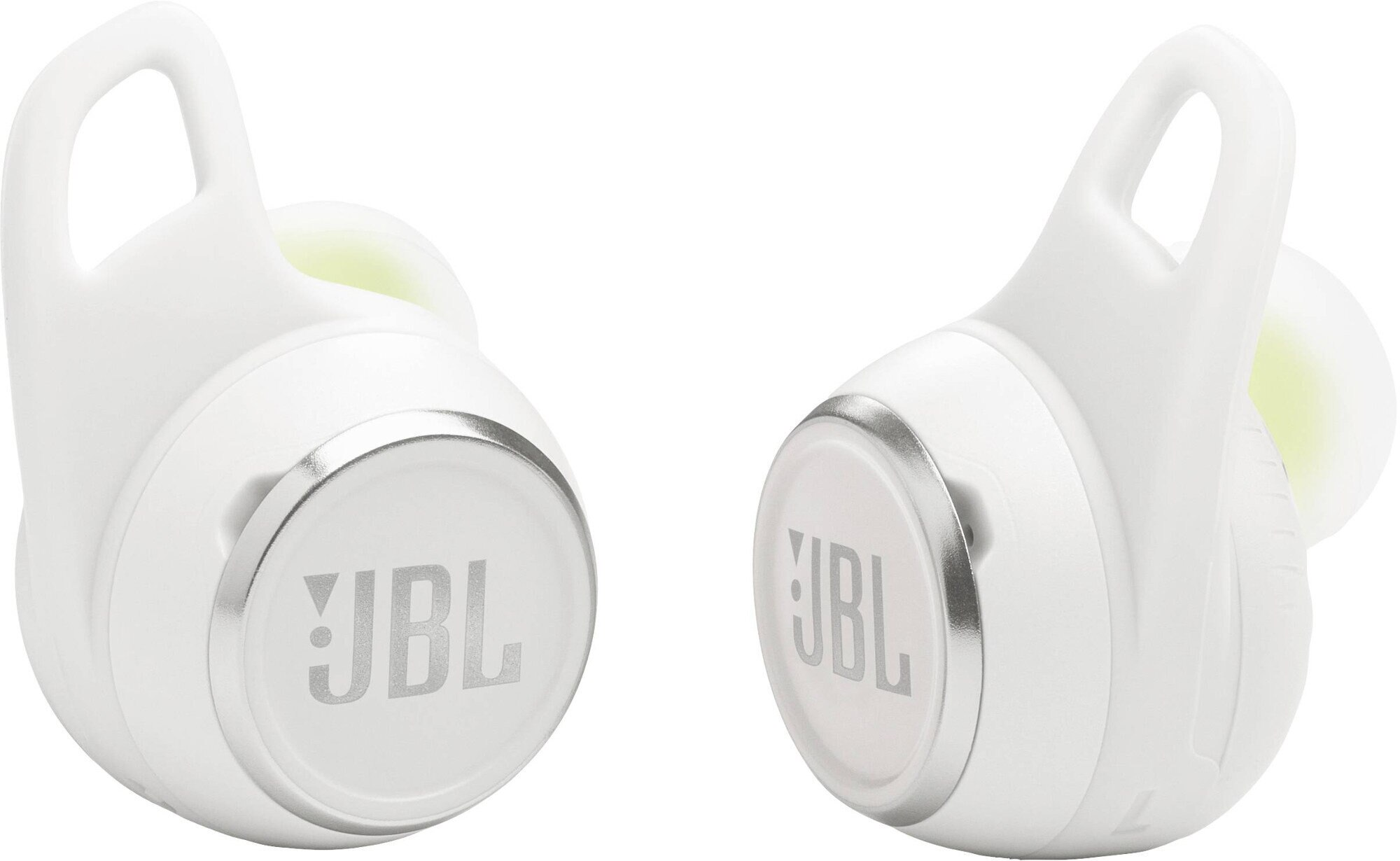 Dwie białe bezprzewodowe słuchawki z logo JBL.