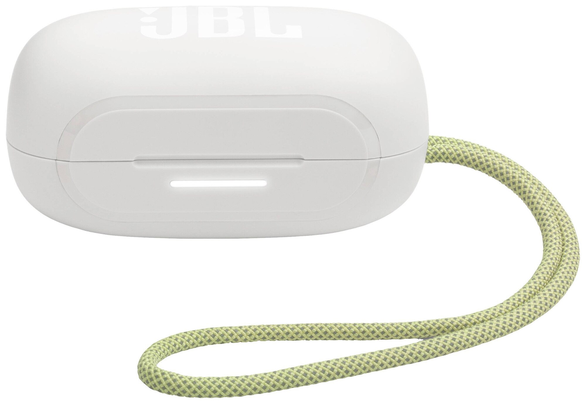 Białe etui na słuchawki JBL z zieloną smyczą na białym tle.