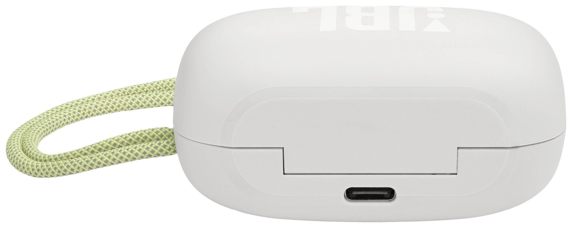 Białe etui ładujące słuchawek JBL z zielonym paskiem. Widoczny port USB-C.