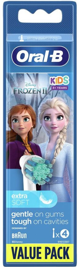 Opakowanie szczoteczek do zębów z postaciami z kreskówek. Niebieskie opakowanie z różowymi i fioletowymi detalami.