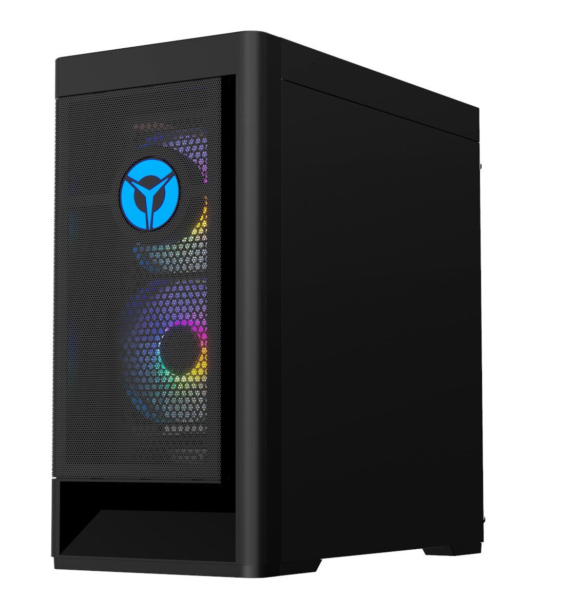 Czarna obudowa Lenovo PC. Posiada przedni panel z siatki z niebieskim logo i kolorowym oświetleniem wewnętrznym.
