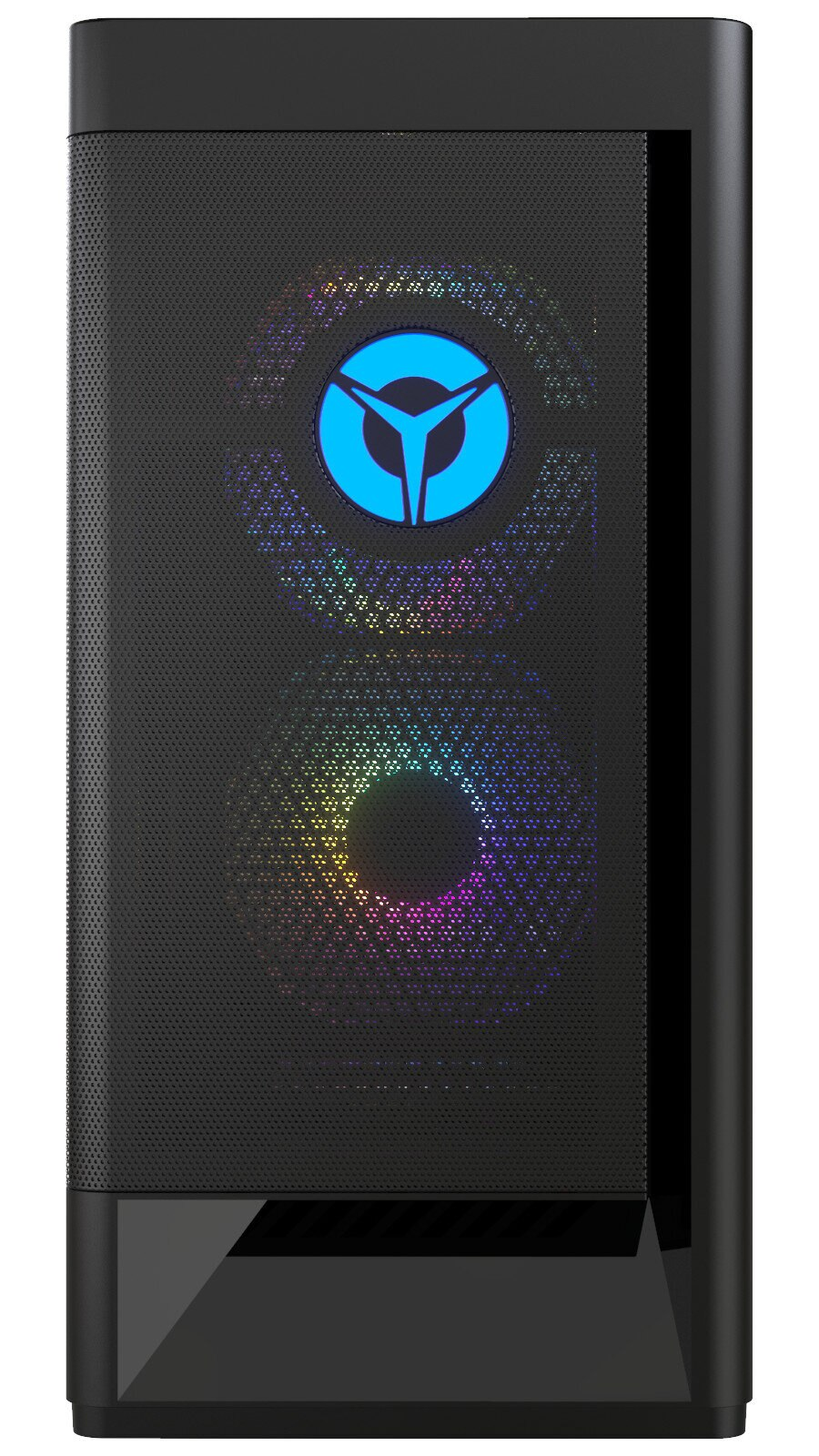 Widok z przodu czarnej obudowy komputera do gier Lenovo Legion z podświetlanym logo.