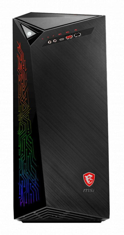 Czarny komputer stacjonarny z podświetleniem RGB, logo MSI.