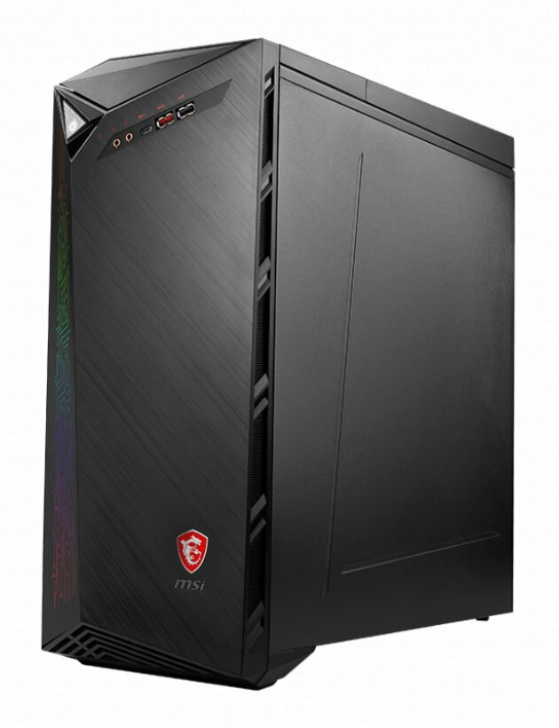 Czarna obudowa komputera do gier MSI z czerwonym logo MSI i światłami RGB po lewej stronie. Białe tło.