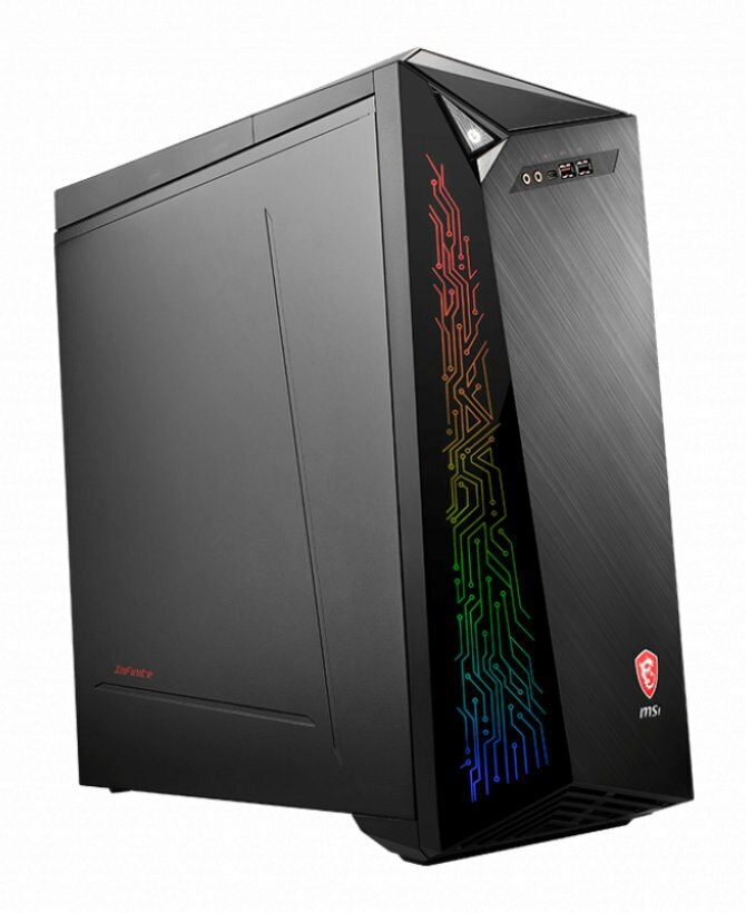 Czarny komputer stacjonarny MSI z kolorowym wzorem z boku i ukośnym kształtem.